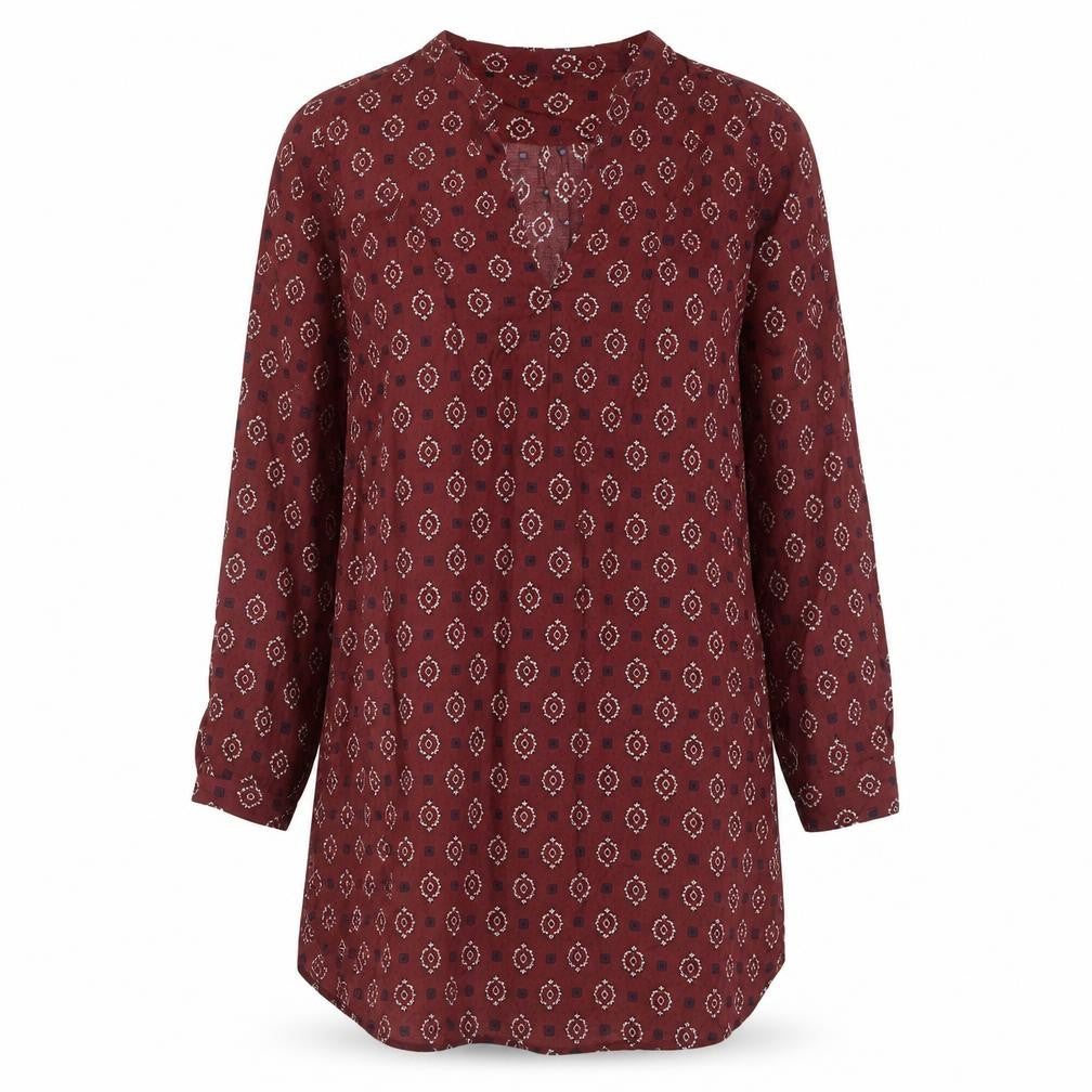 Front view of Zara women’s red geometric viscose kaftan, size S, v-neck pullover