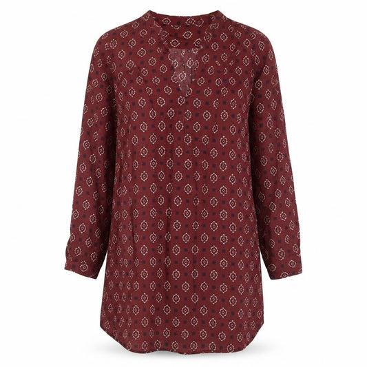 Front view of Zara women’s red geometric viscose kaftan, size S, v-neck pullover