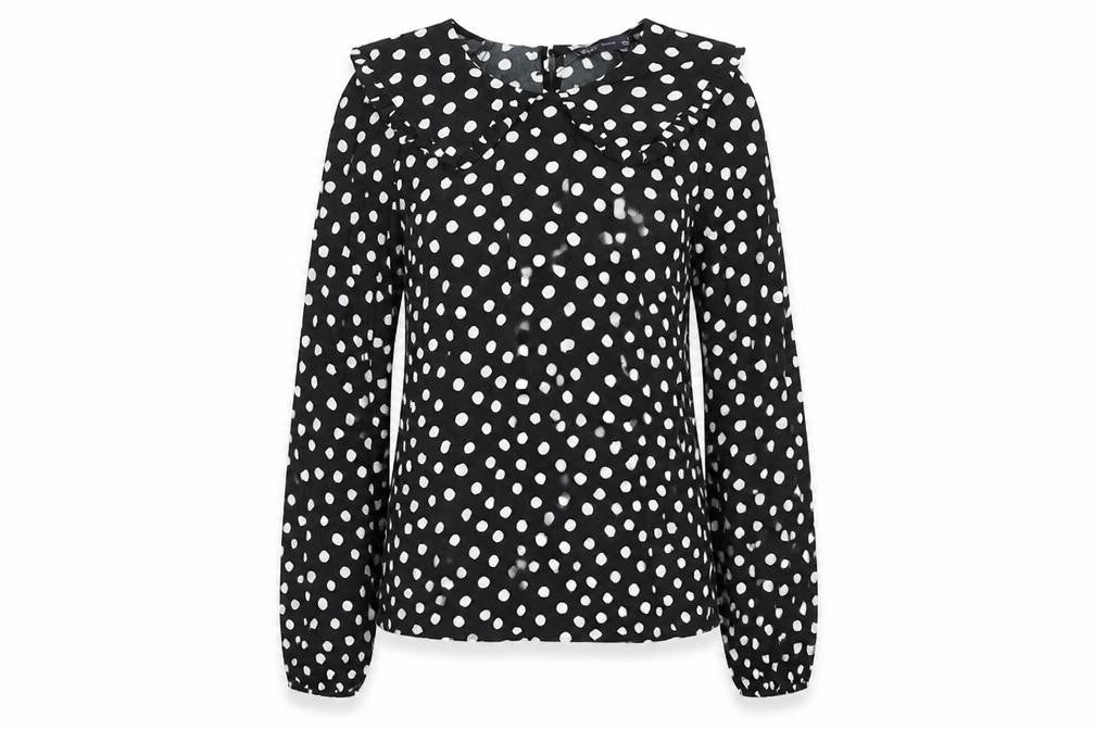 Front view of Marks & Spencer women’s black polka dot viscose basic blouse, size UK 6, round neck