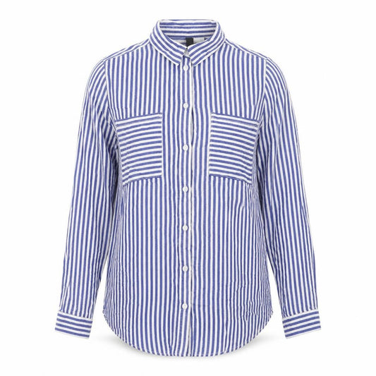 Front view of H&M women’s blue striped viscose basic blouse, size UK 6, v-neck