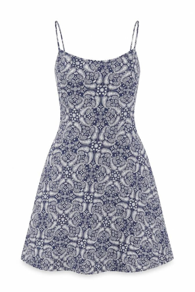 Front view of H&M women’s blue geometric viscose fit & flare, size XS, scoop neck pullover