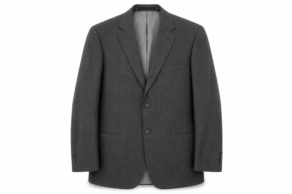 Front view of Marks & Spencer men’s grey polyester jacket blazer, size 40, regular