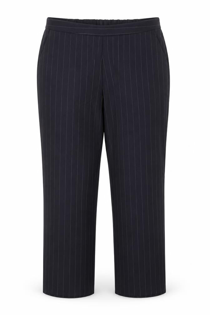 Front view of Bonmarché women’s blue striped polyester trousers, size UK 16, regular