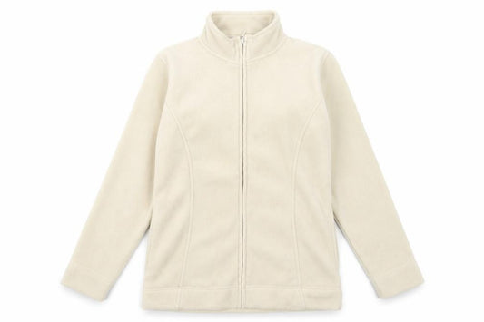 Front view of EWM women’s beige jacket, size S, zip