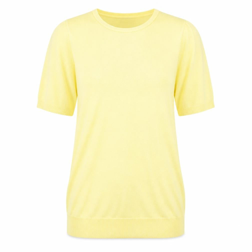 Front view of BHS women’s yellow round neck acrylic jumper, size UK 8