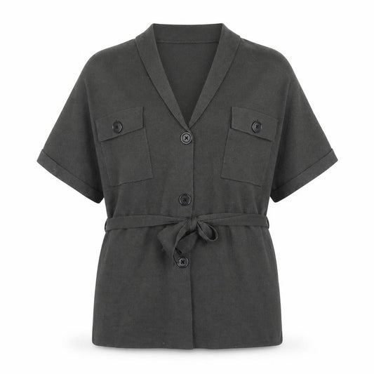 Front view of Primark women’s grey v-neck polyester cardigan jumper, size S, -, size UK 10-12