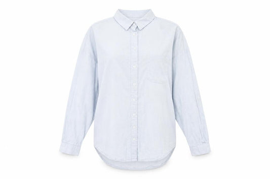 Front view of New Look women’s blue cotton basic button-up, size UK 8, collared