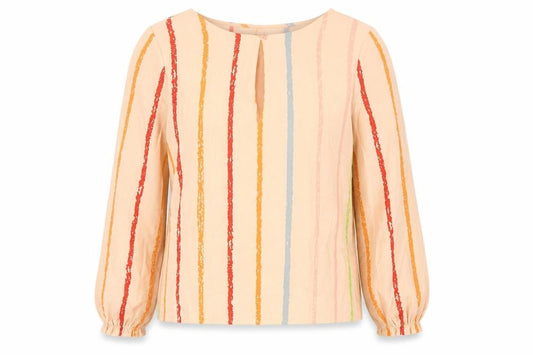 Front view of Vero Moda women’s beige striped polyester basic blouse, size S, round neck