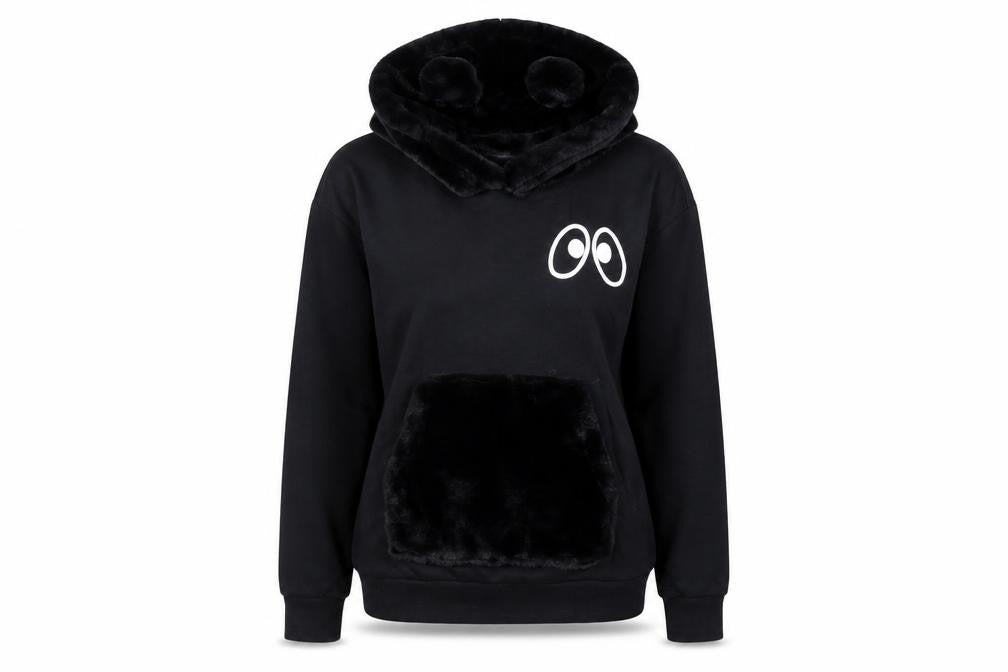 Front view of Mini Cream women’s black cotton pullover hoodie, size M, pullover