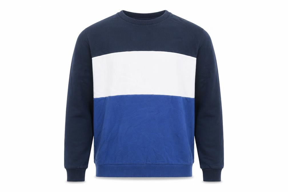 Front view of Selected men’s blue striped cotton pullover sweatshirt, size M