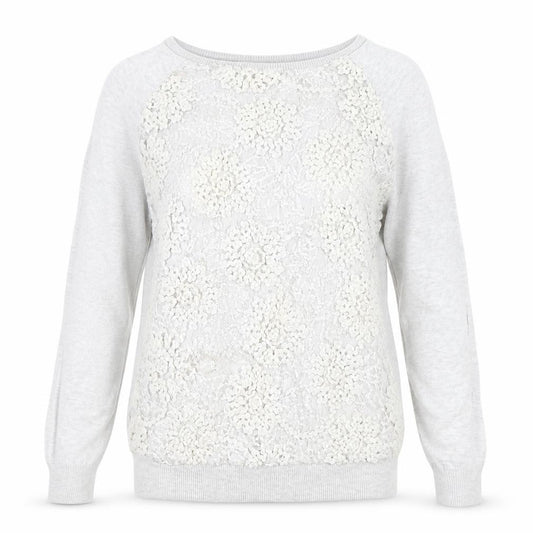 Front view of F&F women’s grey boat neck floral cotton jumper, size UK 12, - lace detail