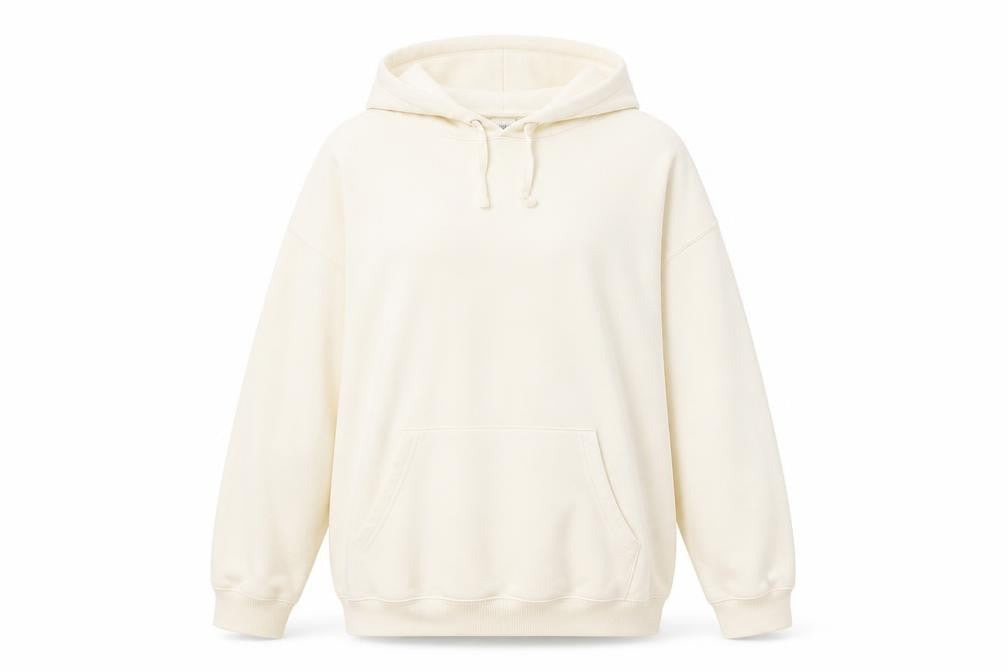 Front view of Miss Selfridge women’s beige cotton pullover hoodie, size S, pullover