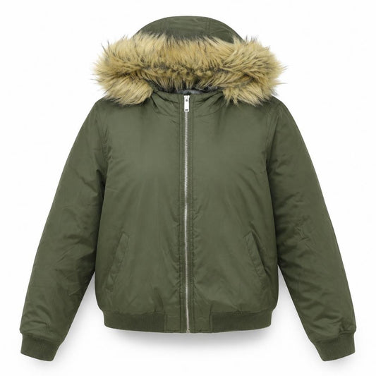 Front view of Misguided women’s green bomber jacket jacket, size UK 12, zip