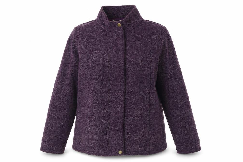 Front view of Marks & Spencer women’s purple jacket, size UK 12, zip