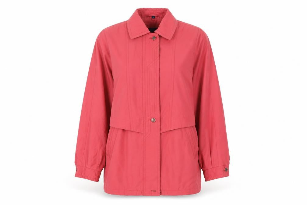 Front view of Telemac women’s pink overcoat coat, size M, zip