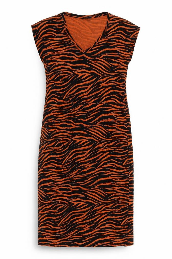 Marks and Spencer Womens Orange Animal Print Viscose Sheath Size 8 V-Neck Pullover
