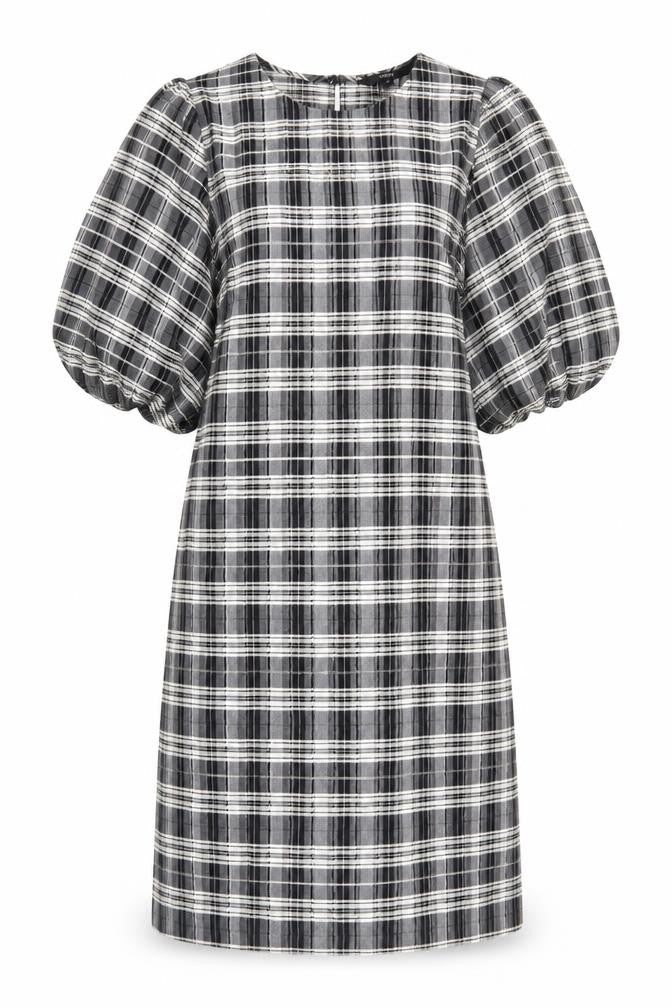 Front view of Next women’s black plaid viscose sheath, size UK 12, round neck pullover - voluminous sleeves