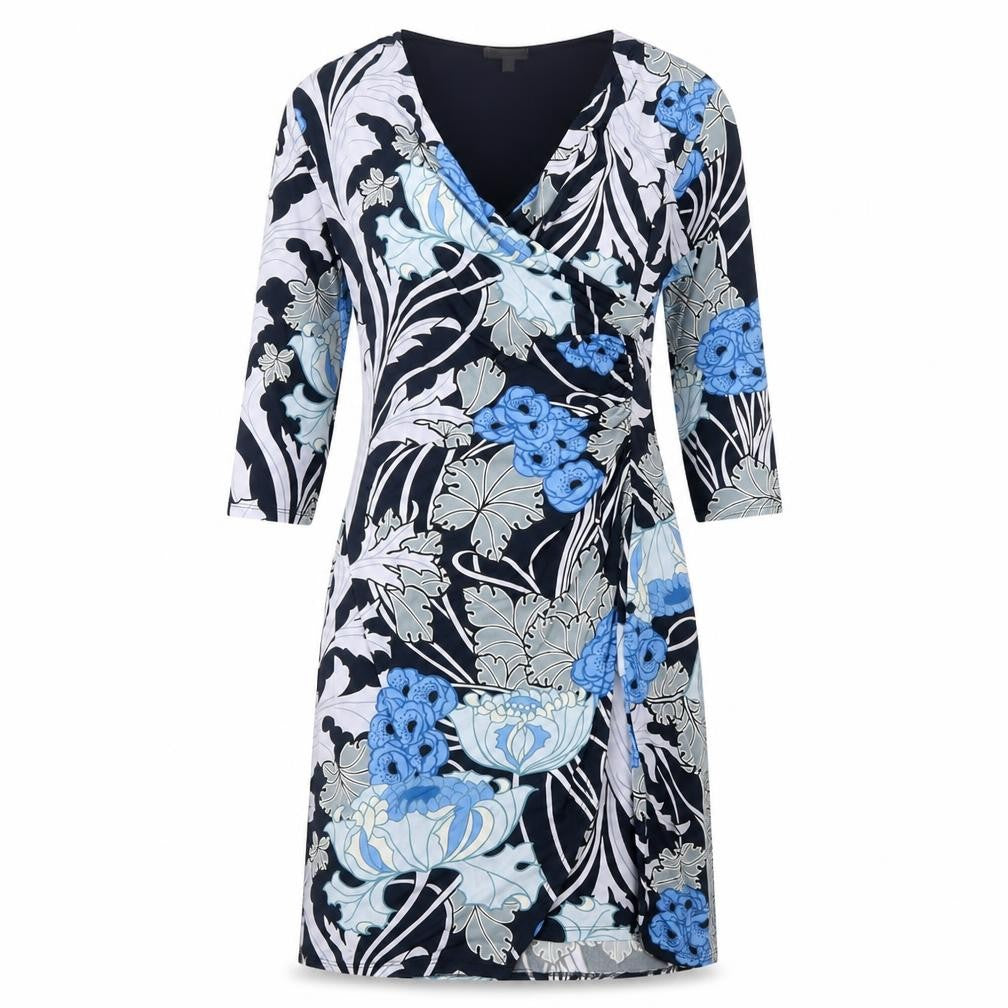 Front view of Marisa&Mare women’s blue geometric polyester a-line, size XL, v-neck pullover