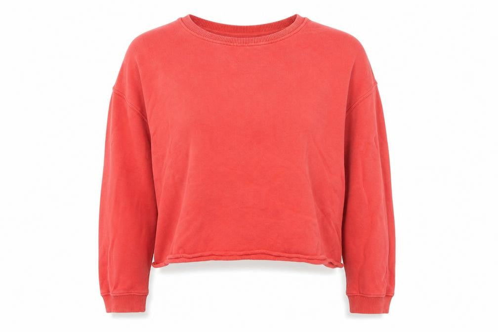 Front view of Miss Selfridge women’s red cotton pullover sweatshirt, size UK 16, pullover