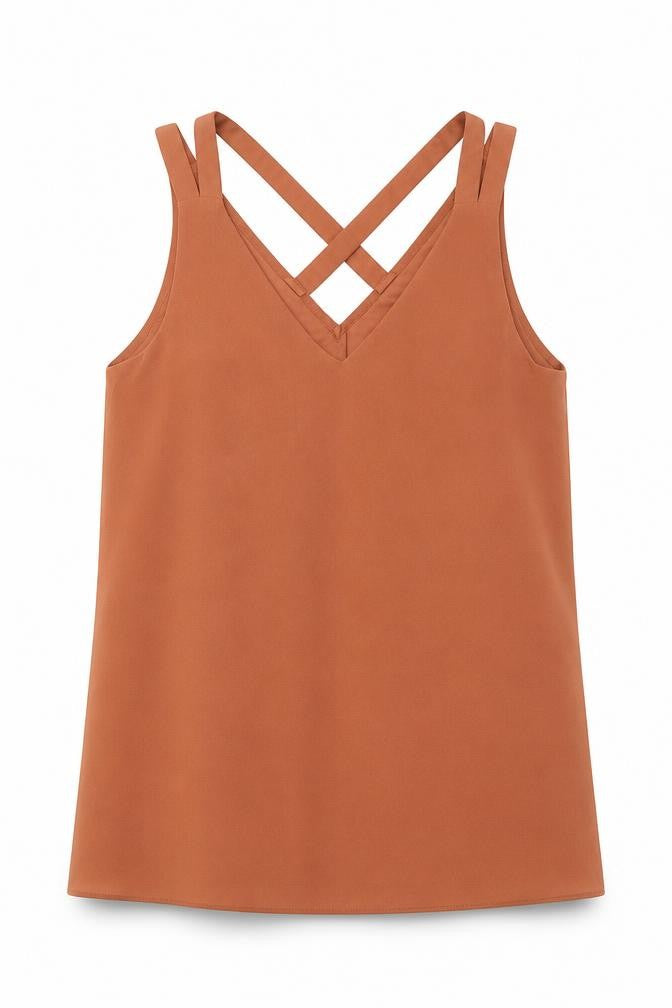 Front view of River Island women’s orange polyester basic tank, size UK 8, v-neck - cross back strap detail