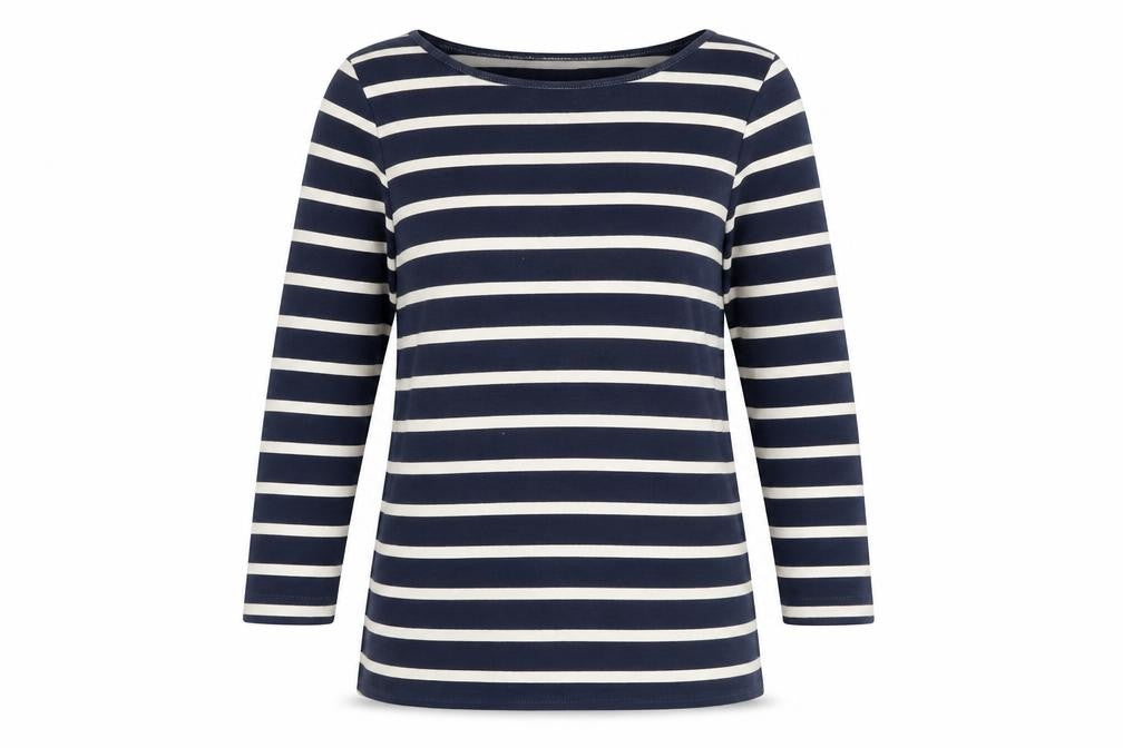 Front view of Zara girls’ blue striped cotton basic blouse, size S, boat neck pullover