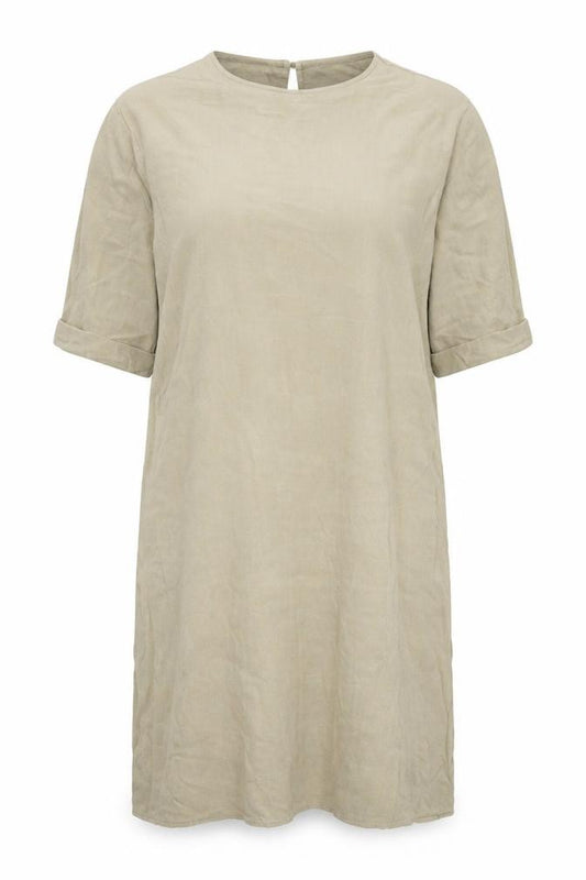Front view of ASOS women’s beige viscose t-shirt dress, size UK 8, round neck pullover