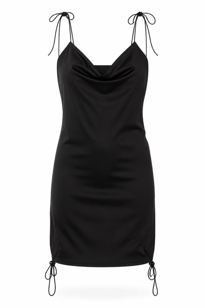 Front view of SHEIN women’s black polyester bodycon, size L, cowl neck zip