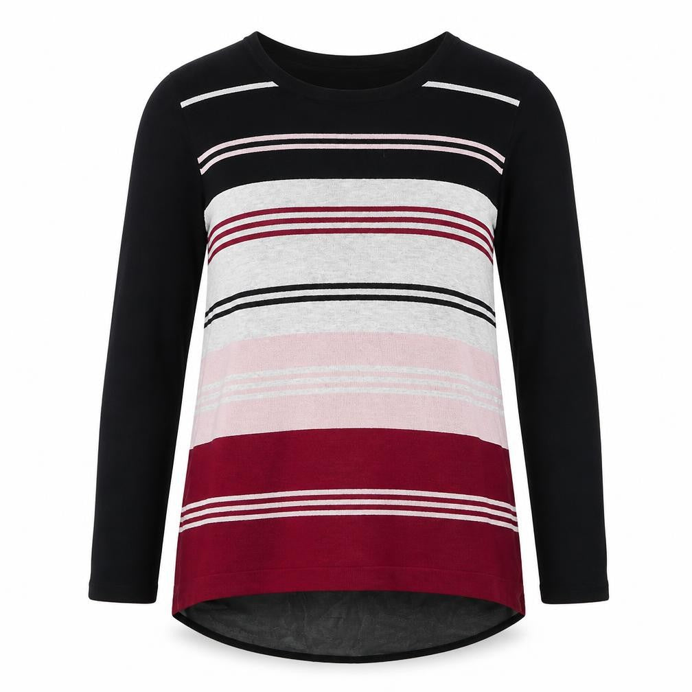 Front view of Mud Flower women’s black round neck striped viscose jumper, size M, -, size M-l