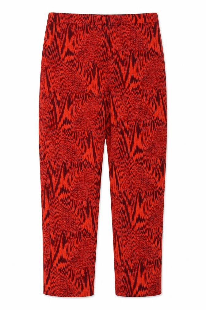 Front view of Topshop women’s red geometric polyester trousers, size UK 8, regular zip