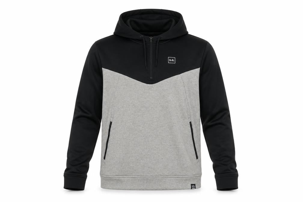 Front view of U.S. Athletic men’s grey polyester pullover hoodie, size M