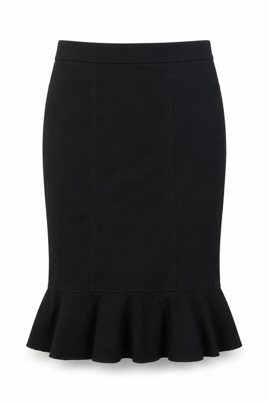 Front view of Country Casuals women’s black viscose trumpet skirt, size UK 10, zip