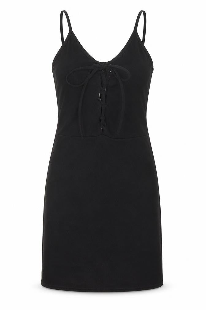 Front view of Prague women’s black polyester bodycon, size UK 8, v-neck lace up