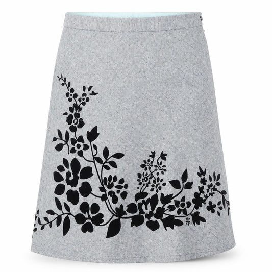 Front view of Fever women’s blue floral polyester swing skirt, size UK 12, zip