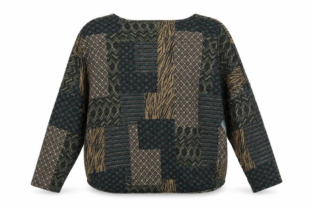 Front view of Preworn women’s green boat neck geometric polyester jumper, size L