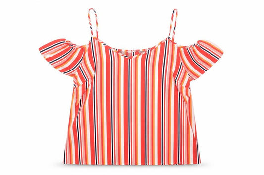 Front view of Papaya women’s red striped polyester basic blouse, size UK 12, v-neck