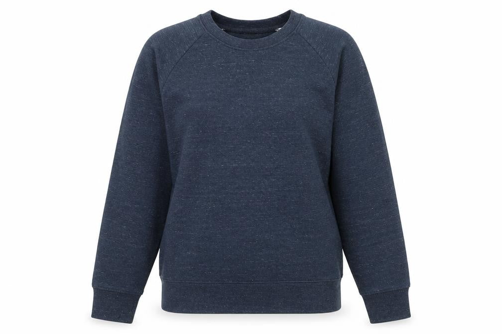 Front view of women’s blue cotton pullover sweatshirt, size M, pullover