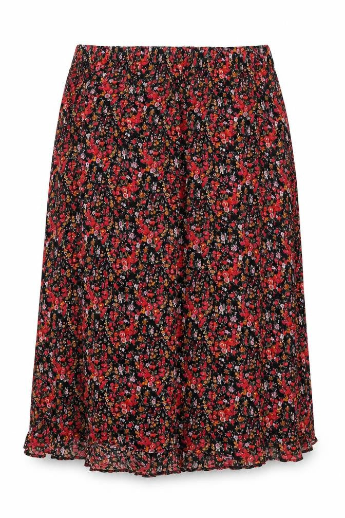 Front view of Preworn women’s red floral viscose swing skirt, size XL, drawstring
