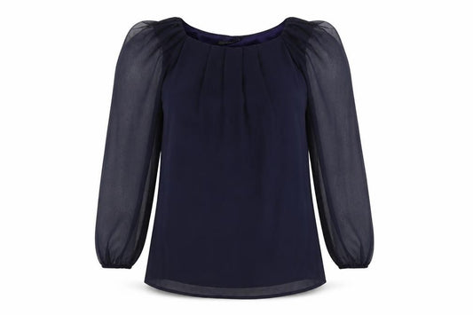 Front view of AX Paris women’s blue polyester basic blouse, size UK 12, round neck