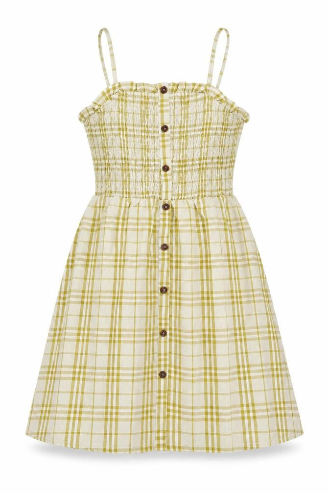 Front view of Gilli women’s yellow plaid polyester fit & flare, size M, square neck pullover
