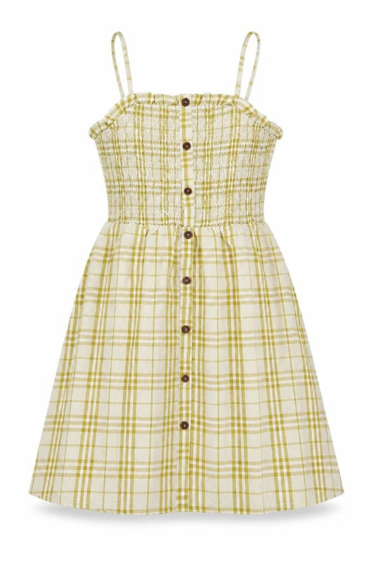Front view of Gilli women’s yellow plaid polyester fit & flare, size M, square neck pullover