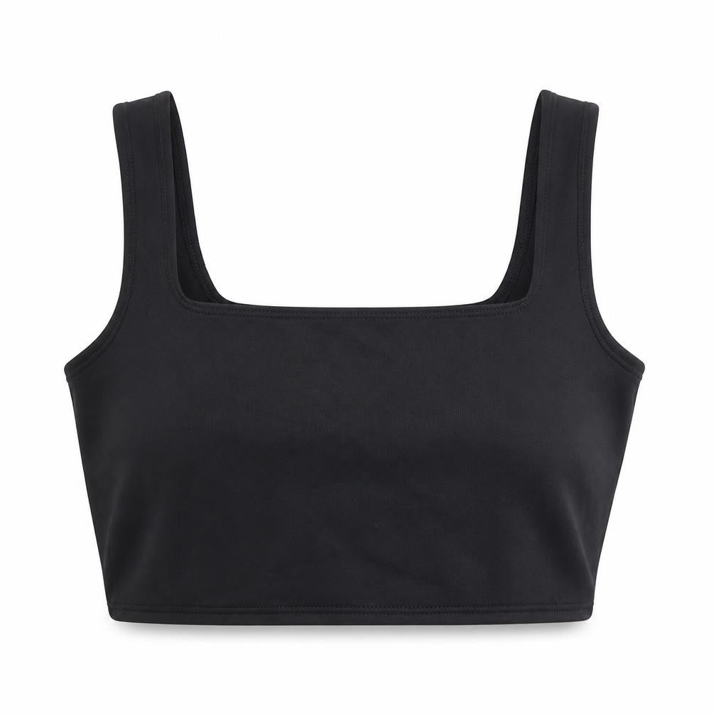 Front view of Flounce women’s black polyester cropped tank, size UK 12, square neck
