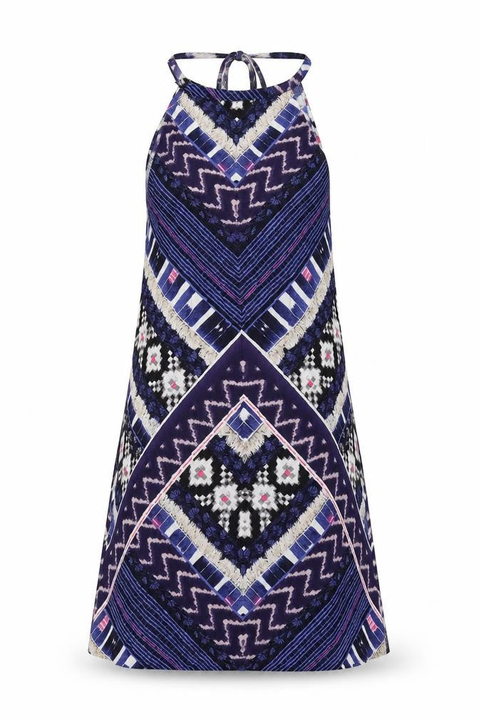 Front view of Warehouse women’s multicoloured geometric viscose a-line, size UK 8, round neck tie