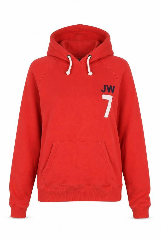 Front view of Jack Wills women’s red cotton pullover hoodie, size UK 8, pullover