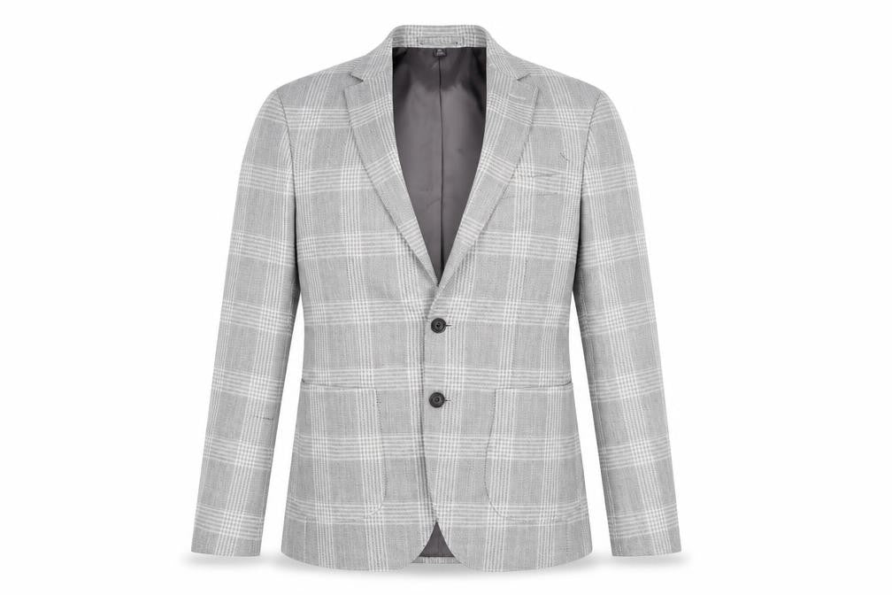Front view of Marks & Spencer men’s grey plaid polyester jacket blazer, size 38, regular