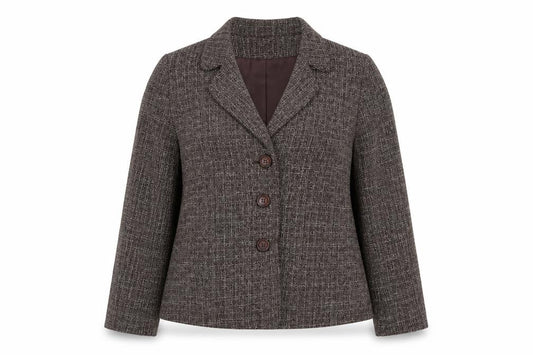 Front view of Roman women’s brown plaid polyester jacket suit, size UK 16