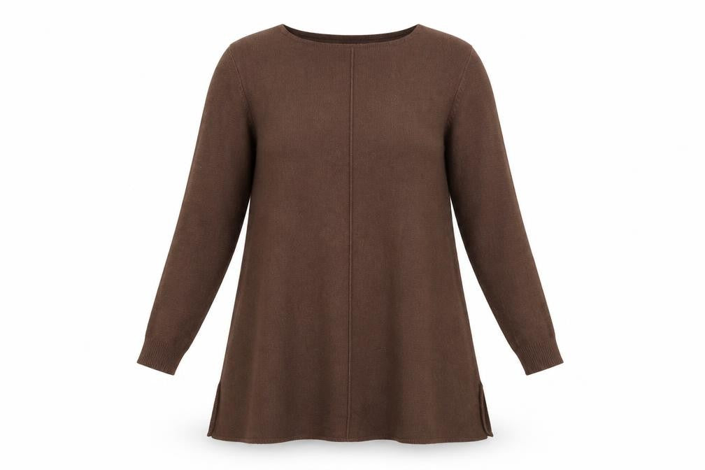 Front view of E-Woman women’s brown viscose a-line, size S, round neck pullover