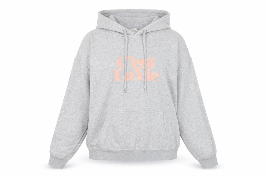 Front view of H&M women’s grey cotton pullover hoodie, size S, pullover - c'est la vie
