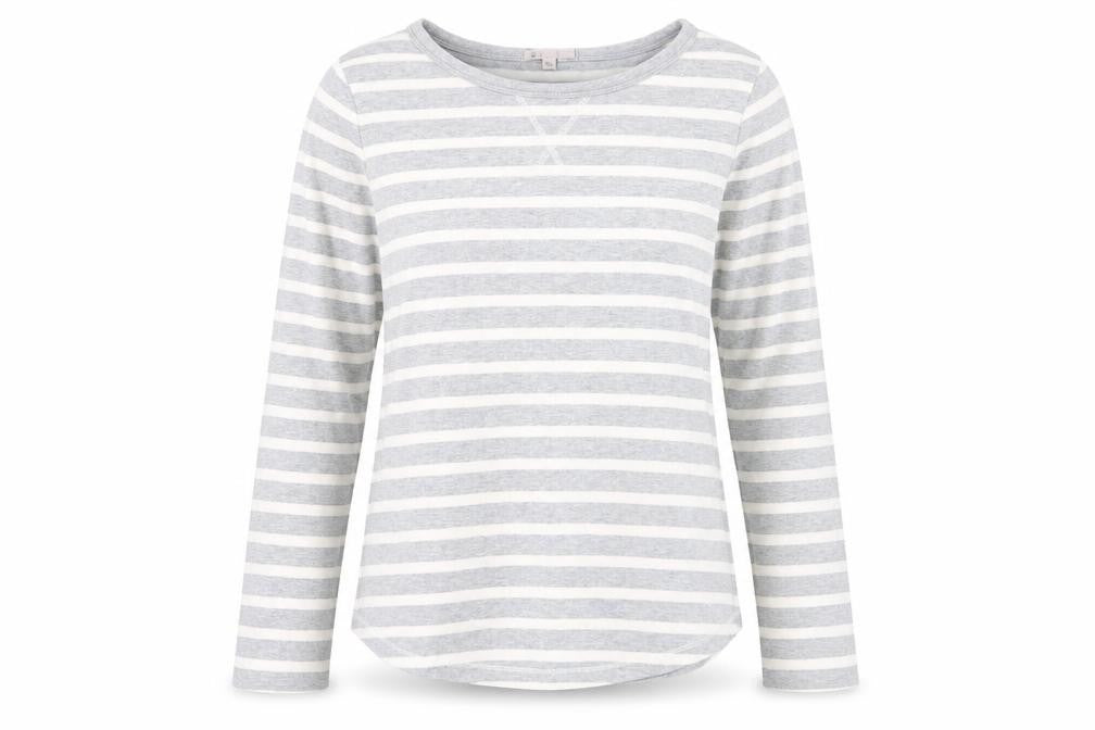 Front view of Gap women’s grey striped cotton pullover sweatshirt, size M, pullover