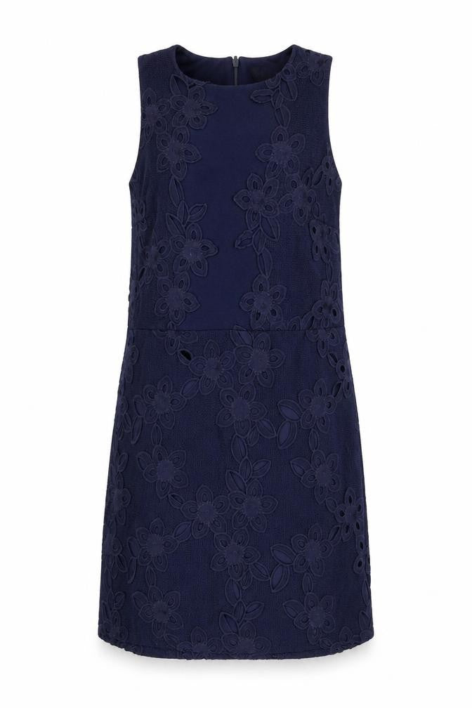Front view of Warehouse women’s blue geometric polyester a-line, size UK 12, round neck zip