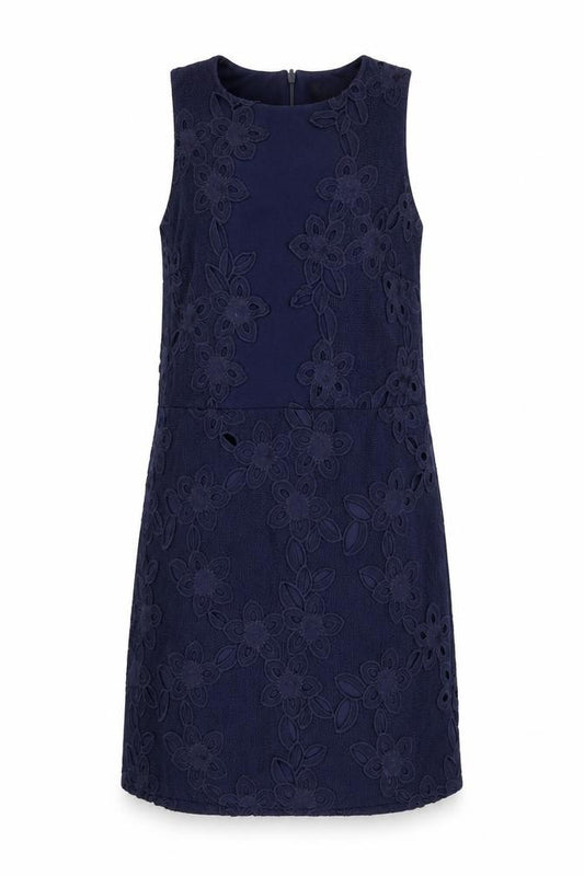 Front view of Warehouse women’s blue geometric polyester a-line, size UK 12, round neck zip